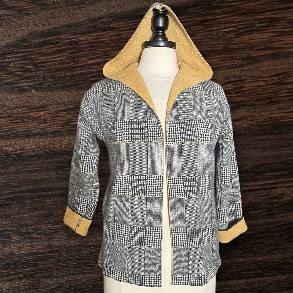 Bartolini Italy Cardigan w Hood Sz XS Gray Glen Plaid Cashmere Blend Camel Lined